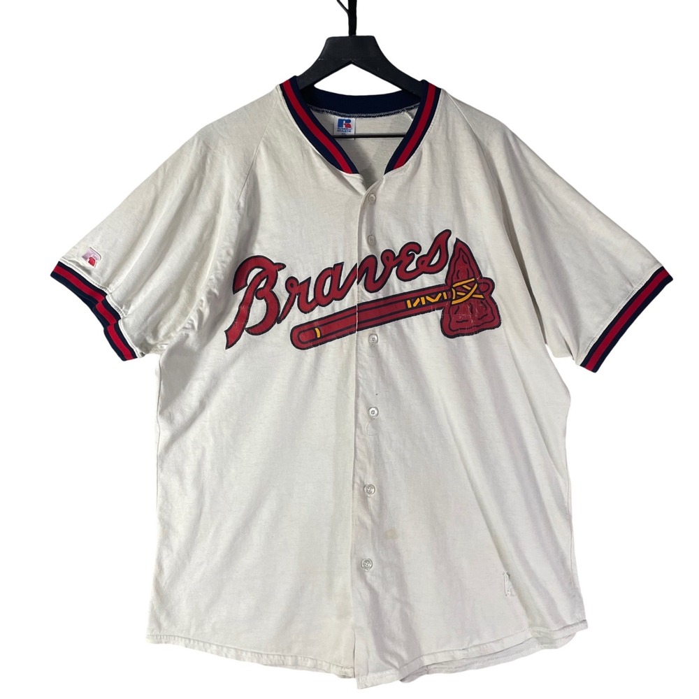 Vintage 90s Atlanta Braves Jersey Mens L Russell Athletic MLB Button Front USA